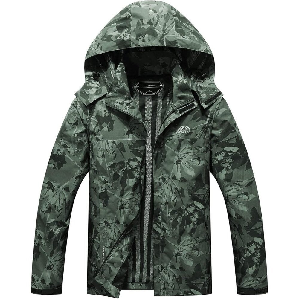 Mens Army Green Lightweight Waterproof Hooded Rain Jacket Outdoor Hiking Shell